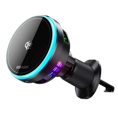 ESSAGER Qi2.2 25W Fast Charging Air Vent Mount Magnetic Wireless Car Charger with RGB Light - Black