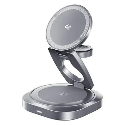 REMAX CW11 3 in 1 35W Foldable Wireless Charger Qi2.2 Magnetic Charging Stand for iPhone AirPods Watch - Dark Grey