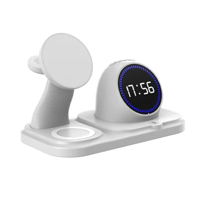 Stacja bezprzewodowego ładowania 6 w 1 15 W dla iPhone'a/Apple Watch/AirPods, zegar cyfrowy, głośnik z obsługą Bluetooth, oświetlenie RGB - Biały