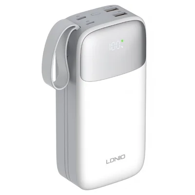 LDNIO PQ30 30000mAh Powerbank med indbygget Type-C + iP (5-14) Kabel 22,5W hurtigopladning LED-display oplader - Hvid