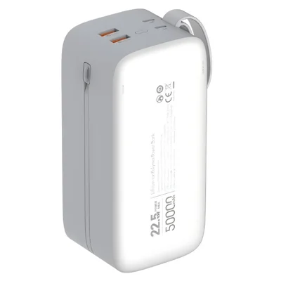 LDNIO PQ50 50000mAh Powerbank med Indbyggede Dobbeltkabler 22,5W SCP 20W PD Hurtig Opladning LED-display Charger til Udendørs Rejser - Hvid