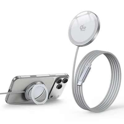 Qi2 25W Magnetisches Kabelloses Ladegerät Aluminiumlegierung Schnelllade-Pad mit Ringständer und 1m Geflochtenem Typ-C Kabel - Weiß
