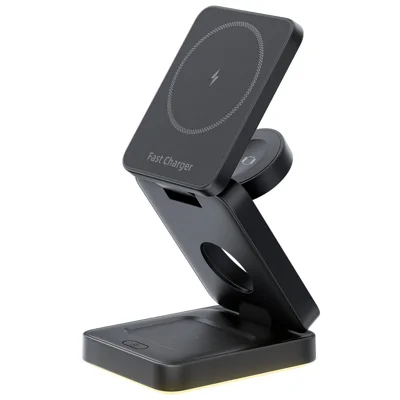 HT-552 Caricatore Wireless Magnetico Pieghevole 15W 3 in 1 con Lucina Notturna a Touch per Telefono, Orologio ed Auricolari - Nero