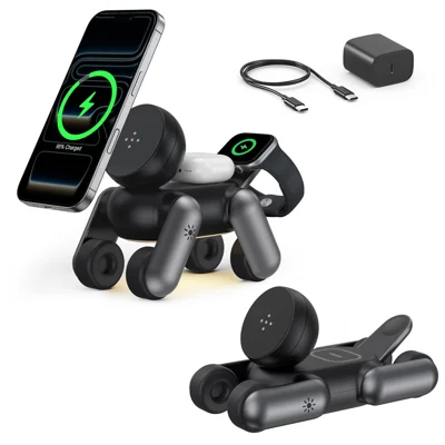 D6 Stazione di Ricarica Wireless 3 in 1 a Forma di Cane Robot con Luce Notturna Touch e Caricatore Magnetico 15 W per iPhone / AirPods / Apple Watch - Nero