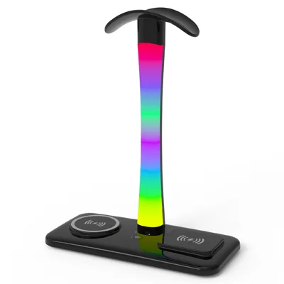 D9 Подставка для наушников, беспроводная зарядка 15 Вт, подсветка RGB, зарядная док-станция для игрового стола - черная