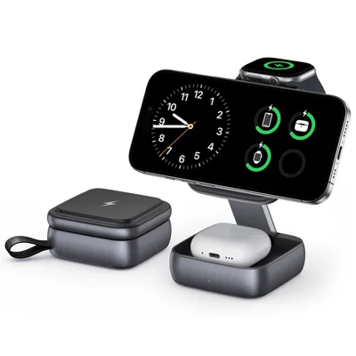 3-in-1-faltbares kabelloses Ladegerät für iPhone / Apple Watch / AirPods, 15 W, magnetischer Ladeständer mit Umhängeband – Grau