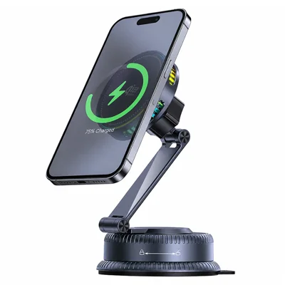 K33-V 25W Qi2.2 Magnetic Wireless Charger with 70mm Vacuum Suction Base Air-Cooled Foldable Car Mount Stand - Grey