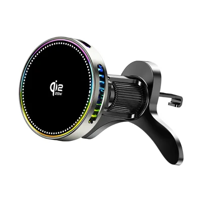 K33B Qi2.2 Magnetic Wireless Car Charger 25W Fast Charging Air-Cooled RGB Light 360 Degree Rotation Phone Mount for Car Air Vent
