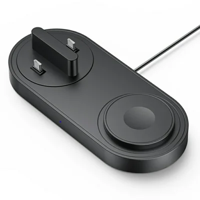 B-33 Wireless Charging Station 3 in 1 Desktop 15W Wireless Charger with USB-C Direct Plug for Phone  /  Apple Watch  /  Earbuds - Black
