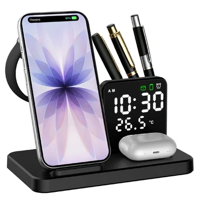 Q600 Multifunktions-Wireless-Ladestation mit Wecker, Temperaturanzeige und Stifthalter – Schwarz
