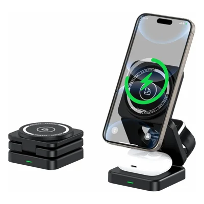 H66 3 in 1 15 W Kabelloser Falter-Ladestand mit Magnet für Telefon, Uhr und Ohrhörer – Schwarz