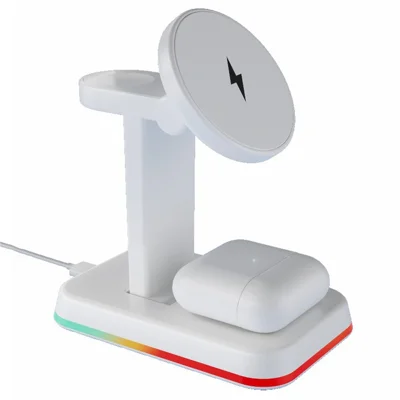 H63 3 in 1 Magnetic Wireless Charger 15W Charging Stand with RGB Ambient Light USB-C for Desk - White