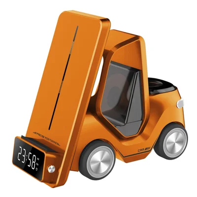 T20 15W 3 in 1 Wireless Charger with LED Alarm Clock Car Shape Desktop Stand for Phone Earbuds Smartwatch - Orange