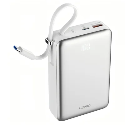 LDNIO PQ51 20000mAh 45W Magnetisk Trådlös Powerbank med Inbyggd Typ-C-kabel - Vit