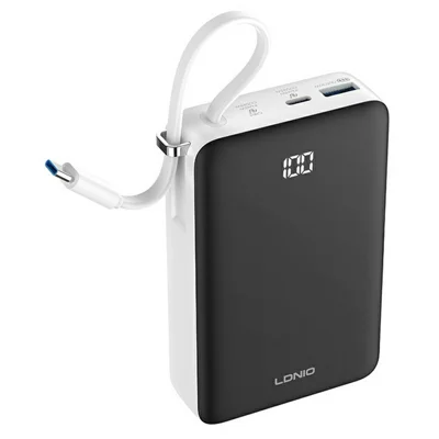 LDNIO PQ49 20000mAh 45W Power Bank mit integriertem USB-C-Kabel LED-Anzeige für unterwegs - Schwarz