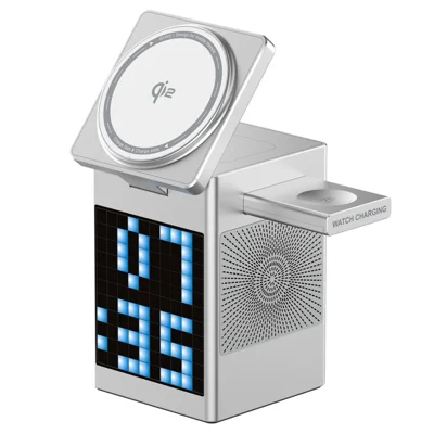 WIWU W043 5 in 1 Wireless Charging Station Qi2 15W Fast Charging Bluetooth-compatible Speaker Pixel Display for Desktop - Silver