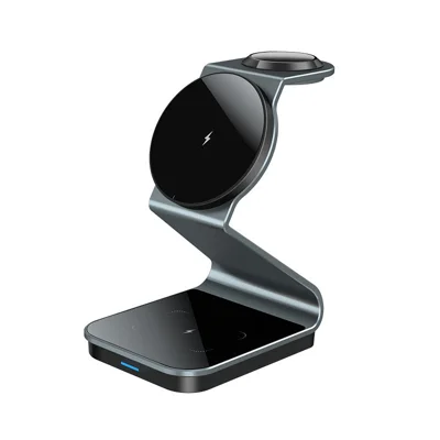 OJD-105 Supporto di Ricarica Wireless Magnetico 3-in-1 15 W Ricarica Veloce in Lega di Alluminio + Caricatore in Acrilico per Telefono, Orologio e Auricolari - Grigio