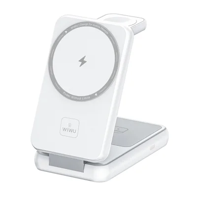 WIWU WH500 Caricatore Wireless Magnetico Pieghevole 3 in 1 da 15 W con Supporto da Scrivania con Protezione a Circuito Multiplo per Casa Ufficio Viaggio - Bianco