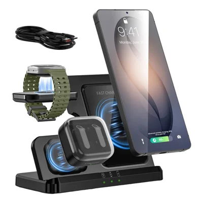Q10B-3 15W 3-in-1 Wireless Charger with 180° Rotating Watch Holder for Samsung Galaxy Watch Charging Station for Desk Nightstand - Black