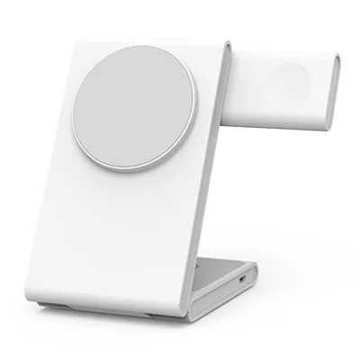 M5 Foldable 15W Charging Stand Holder for iPhone 12-15 / iWatch / AirPods Magnetic Wireless Charger (CE, FCC, RoHS, UKCA) - White+Grey