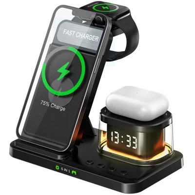 HYY-H33 5 in 1 15W Wireless Charger Folding Charging Station with Night Light - Black