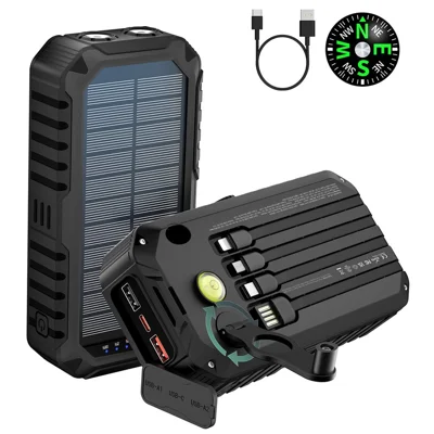 HS-43 Hand Crank Solar Power Bank Built In Cables 20000mAh Portable Charger with Flashlight and Compass - Black