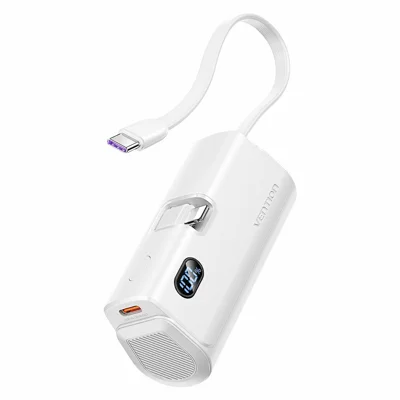 VENTION FHR Series 4800mAh Power Bank 22.5W Fast Charging Portable Charger with Foldable iP Plug and Type C Cable - White