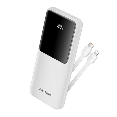 VENTION FHO Series Power Bank 10000mAh 22.5W Digital Display Phone Charger with Built-In USB-C + 8Pin Cable - White