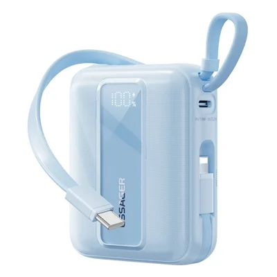 Banco de Energia Digital ESSAGER 20000mAh com Display, Carregamento Rápido de 22,5W e Cabos Embutidos Duplos - Azul