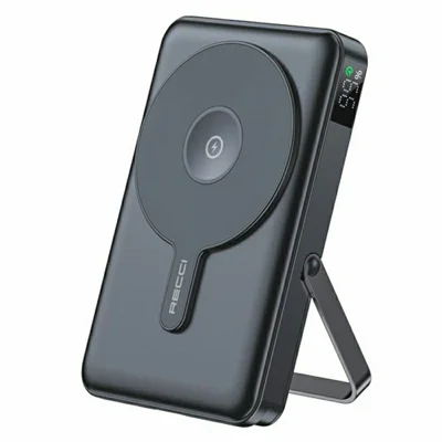 RECCI RPB-W27 10000mAh Magnetic Power Bank Built In Cables PD 20W Fast Charging Portable Charger with Magnetic Stand - Black