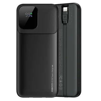 RECCI RPB-P67 10000mAh Power Bank Digital Display Portable Phone Charger Built-in Cable - Black