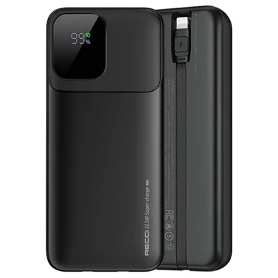 RECCI RPB-P68 20000mAh Power Bank Digital Display Built-In Cable Portable Charger for Smartphones / Tablets - Black