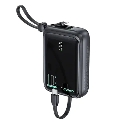 TRANYOO T-K14 Batterie Externe Numérique 10000mAh Charge Rapide Chargeur Portable avec Câbles Type-C + iP Intégrés