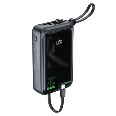 TRANYOO T-K15 Banque d'alimentation numérique 20000mAh Chargeur portable à charge rapide avec câbles intégrés Type-C + iP
