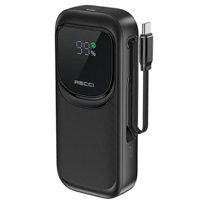 RECCI PB-P47 10000mAh Power Bank con Display LED, Caricatore Portatile da 22,5W con Cavo Retrattile - Nero