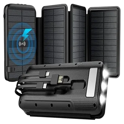 SY-L3S4W PD 20W 16000mAh Waterproof Foldable Solar Panel Power Bank Wireless Charging Phone External Battery with Built-in Lightning / Type-C / USB Cable - Black