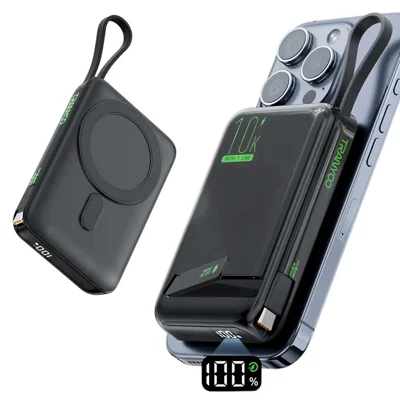 TRANYOO T-F26 10000mAh Chargeur sans fil magnétique Affichage numérique Chargeur rapide Banque d'alimentation avec câble Type C intégré - Noir