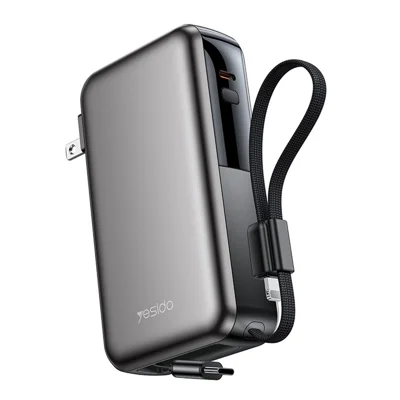 YESIDO YP90E 22.5W AC+DC Dual Mode Power Bank Built-in Retractable USB-C Cable Portable Battery Pack - Black  /  EU Plug