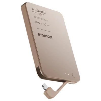 MOMAX 1-POWER F.PASS+ 5000mAh Magnetic Power Bank with Hidden USB-C Cable Portable Fast Charging Charger - Desert Gold