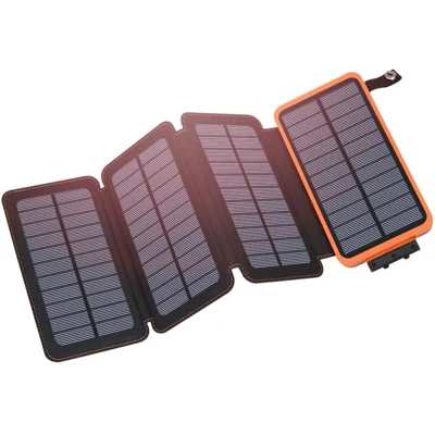 25000mAh Solar-Powerbank mit QC3.0-Schnellladung, tragbares Notladegerät mit 4 faltbaren Solarpanelen, eingebaute LED-Taschenlampe