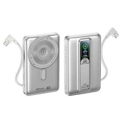 REMAX FP-52 10000mAh Power Bank Phone Stand PD 40W TFT Digital Display Charger, 15W Wireless Charging, Built-in Type-C Cable - Silver