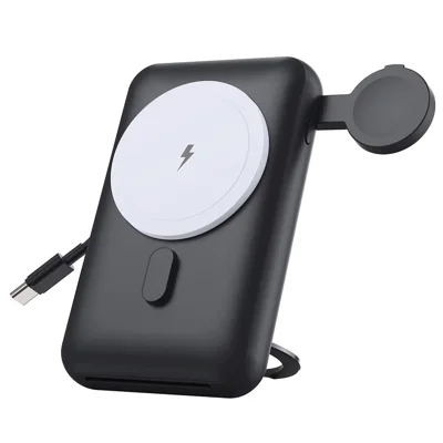 MP07 10000mAh 3-in-1 Magnetic Power Bank Built-in Cable Wireless Charger for iPhone AirPods Apple Watch - Black