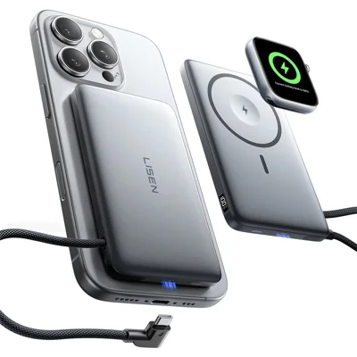 LISEN P302 10000mAh Ultra-fin 4-en-1 Compatible avec Power Bank MagSafe avec câble USB-C intégré, chargeur sans fil 20W USB-C 15W pour iPhone Apple Watch - Tarnish