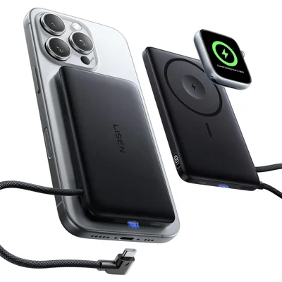 LISEN P302 10000mAh Ultra-Slim 4-in-1 Compatible with MagSafe Power Bank Built-in USB-C Cable 20W USB-C 15W Wireless Charger for iPhone Apple Watch - Black