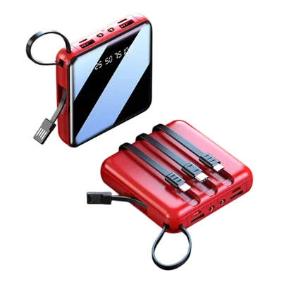 10000mAh Mini Powerbank met 4-in-1 Kabels LED Zaklamp Digitale Weergave Draagbare Oplader - Rood