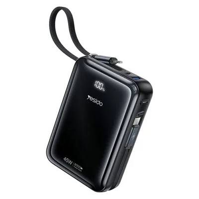 YESIDO YP104 20000mAh 45W Snelle Oplaadbare Draagbare Powerbank met LED-weergave Ingebouwde Kabels - Zwart