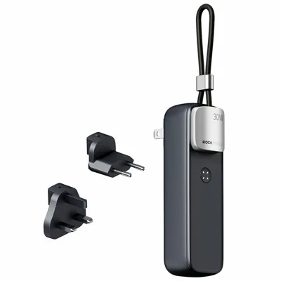 ROCK RWC-8890 5000mAh Power Bank PD 30W GaN Portable Charger with EU + UK Plug Adapters - Black