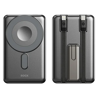 ROCK P50 10000mAh 5 in 1 Magnetic Power Bank with Built-in Cable, 20W PD Fast Charging, Phone Stand - Black