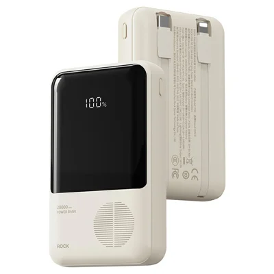 ROCK P90 20000mAh Power Bank with Built-In USB-C and iP Cables, 22.5W PD Fast Charging, LED Display