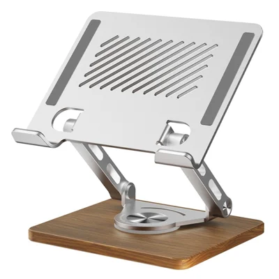 J27 Adjustable Tablets Laptops Cooling Stand Riser Wooden Base Metal Rotating Foldable Desktop Bracket - Silver